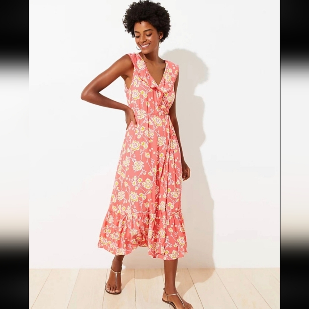 Coral Floral Midi Dress, Ruffle Hem V-Neck, Spring Summer. Sz S #H12